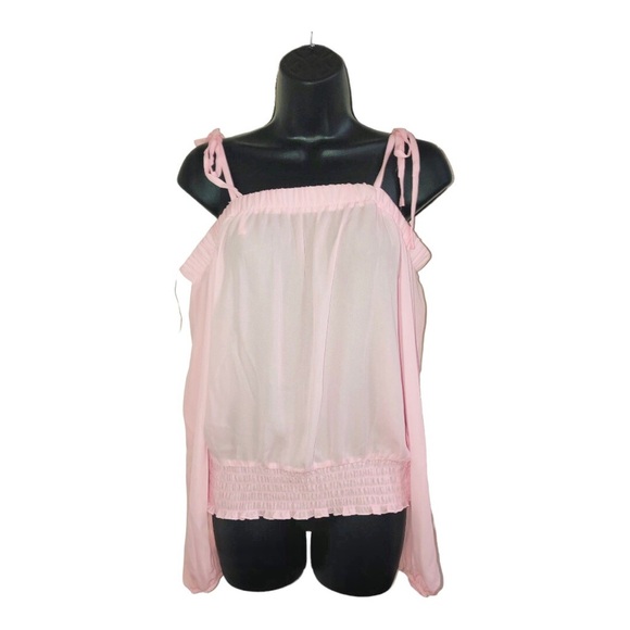 Pink cold shoulder sheer long sleeve smocked cuff waist blouse top size‎ medium - Picture 5 of 10